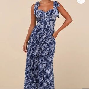 Illustrious Aura Navy Blue Floral Bustier Tie-Maxi Dress